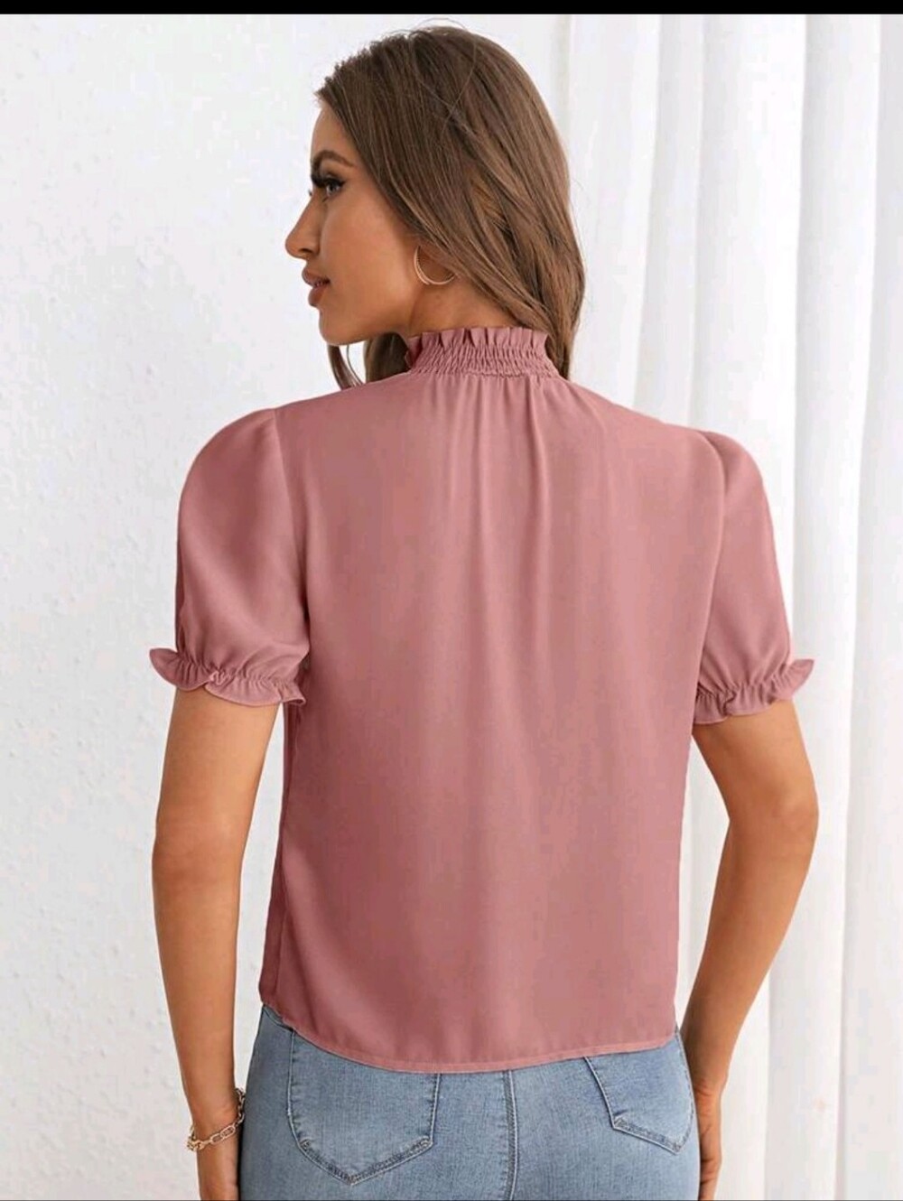 SHEIN Privé Frill Trim Mock Neck Puff Sleeve Short Sleeve Pink Blouse Sz Medium - Picture 2 of 10